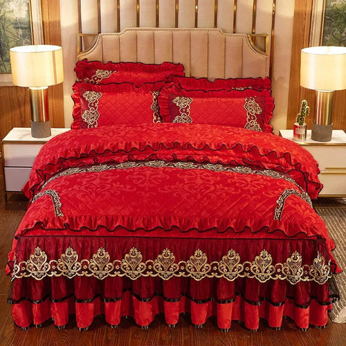 Luxury Ai·Winsure velvet bedding set by SHOWLU FASHION STORE featuring quilted lace duvet cover, pillowcases, and bedskirt in queen size