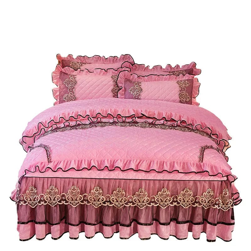 European Velvet Bedding Set, Luxury Comforter Cover, Quilted Lace Bedskirt, Soft Warm Queen with 2 Pillowcases, King Size, 4Pcs - SHOWLU FASHION STORE