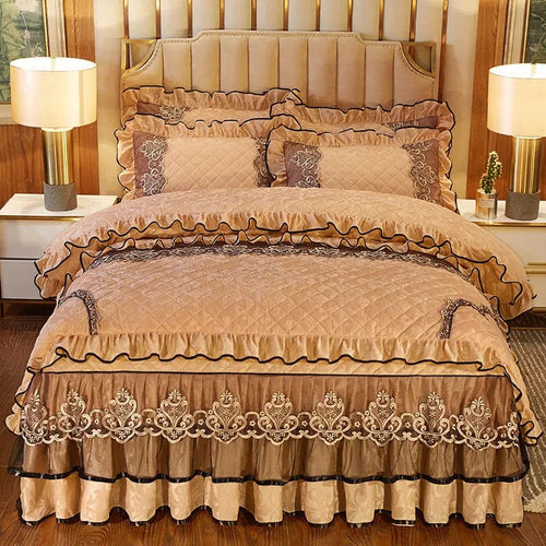 Luxury Ai·Winsure velvet bedding set with quilted lace duvet cover, two pillowcases, and bedskirt in queen size.