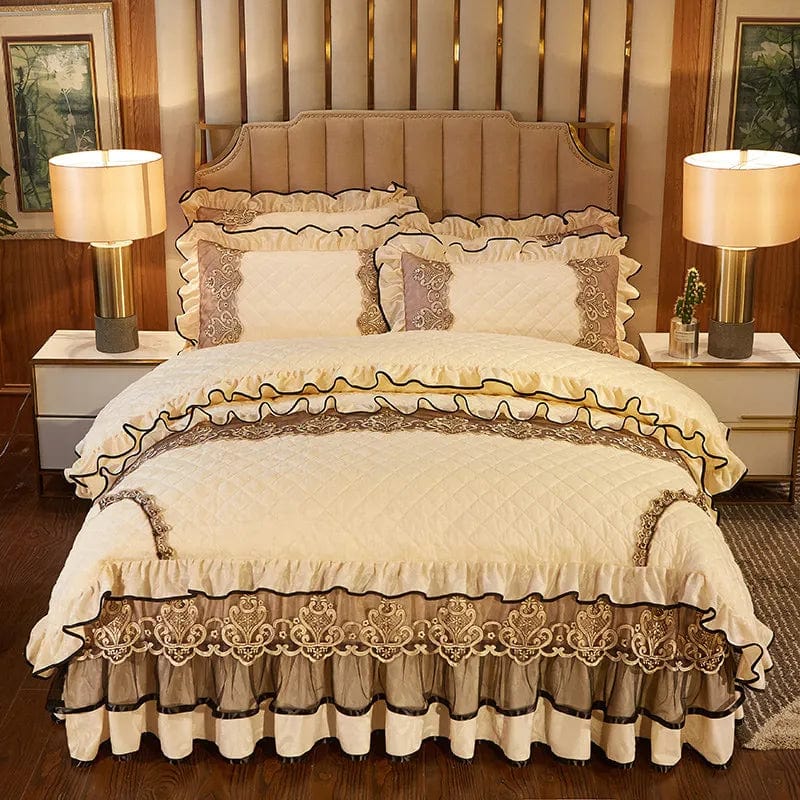European Velvet Bedding Set, Luxury Comforter Cover, Quilted Lace Bedskirt, Soft Warm Queen with 2 Pillowcases, King Size, 4Pcs - SHOWLU FASHION STORE
