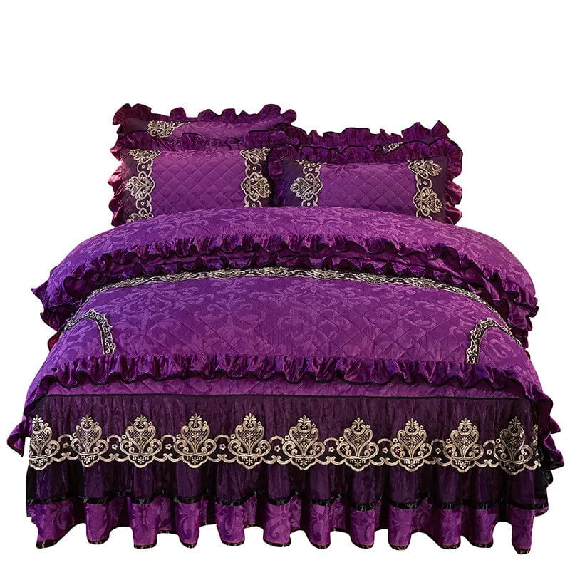 European Velvet Bedding Set, Luxury Comforter Cover, Quilted Lace Bedskirt, Soft Warm Queen with 2 Pillowcases, King Size, 4Pcs - SHOWLU FASHION STORE