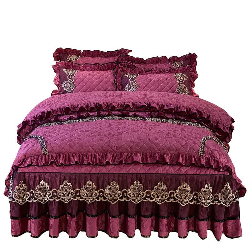 Luxury queen velvet bedding set with quilted lace duvet cover, two pillowcases, and bedskirt in soft, warm European velvet.