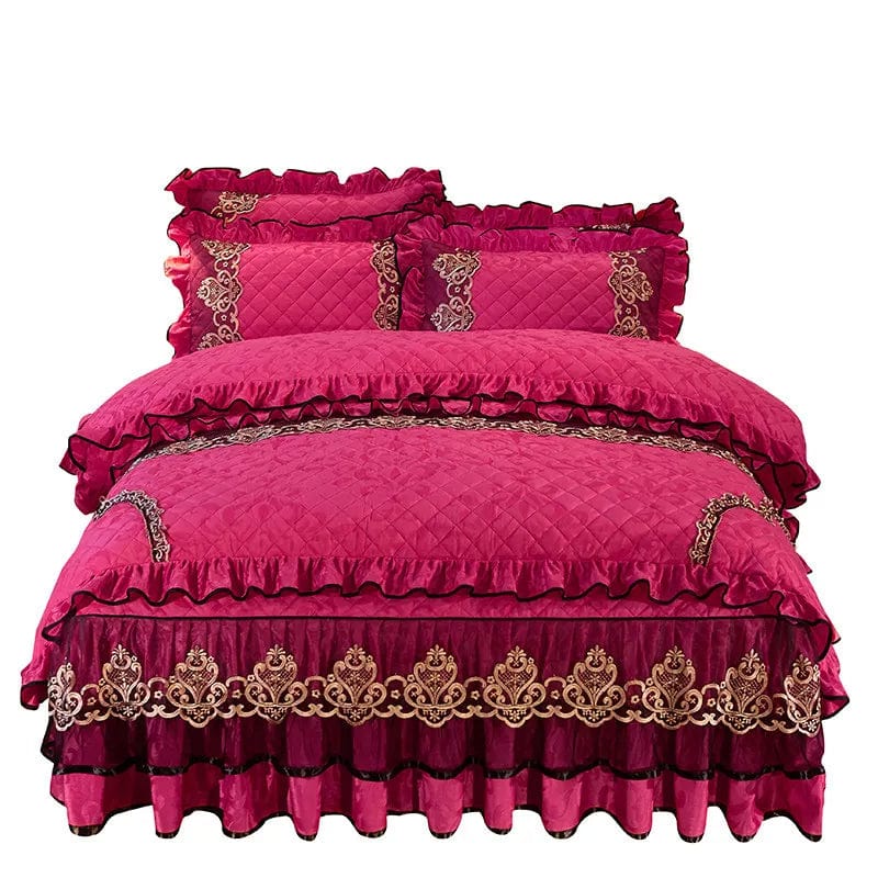 European Velvet Bedding Set, Luxury Comforter Cover, Quilted Lace Bedskirt, Soft Warm Queen with 2 Pillowcases, King Size, 4Pcs - SHOWLU FASHION STORE