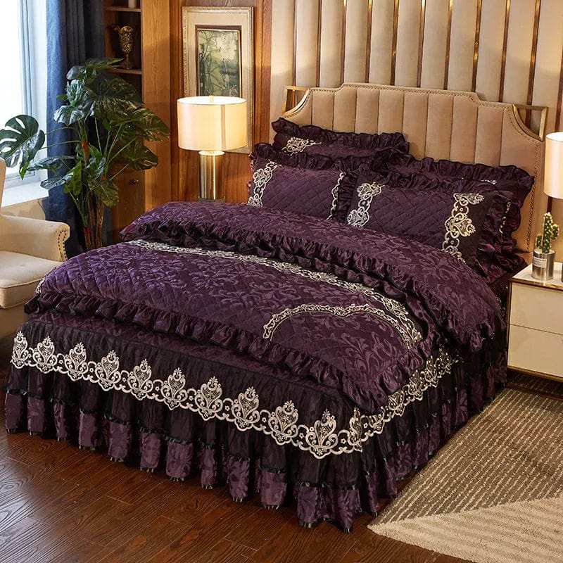 European Velvet Bedding Set, Luxury Comforter Cover, Quilted Lace Bedskirt, Soft Warm Queen with 2 Pillowcases, King Size, 4Pcs - SHOWLU FASHION STORE