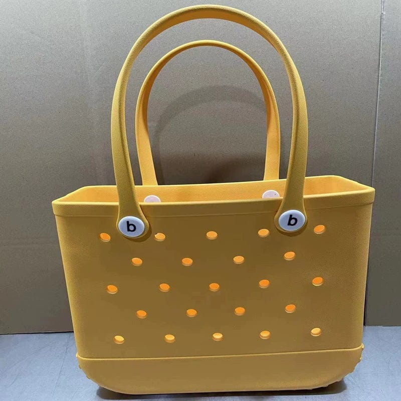 Showlu Fashion Eva print mini beach bag with hole storage design and matching makeup pouch for outdoor and beach use.