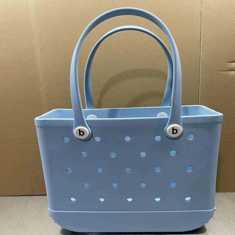 Showlu Fashion Eva print mini beach bag with hole storage design and matching makeup pouch, perfect for outdoor and beach use.