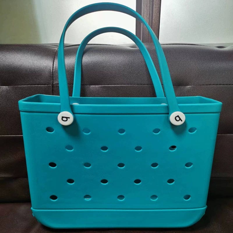 Showlu Fashion Eva print mini beach bag with hole storage design, used as a stylish outdoor tote or makeup pouch.