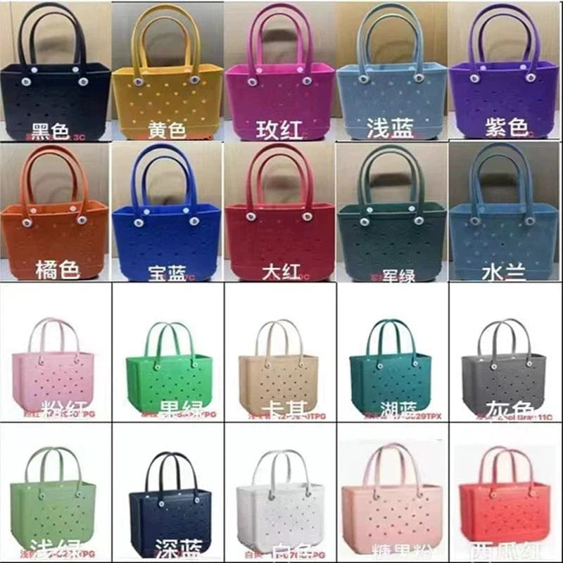 Showlu Fashion Eva print mini beach bag with hole storage design and compact makeup pouch for outdoor and beach use.