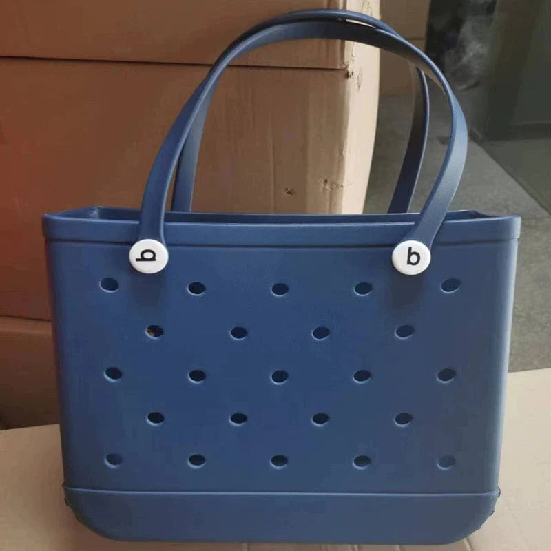 Showlu Fashion Eva print mini beach bag with hole storage and makeup pouch, outdoor-themed design perfect for carrying essentials.