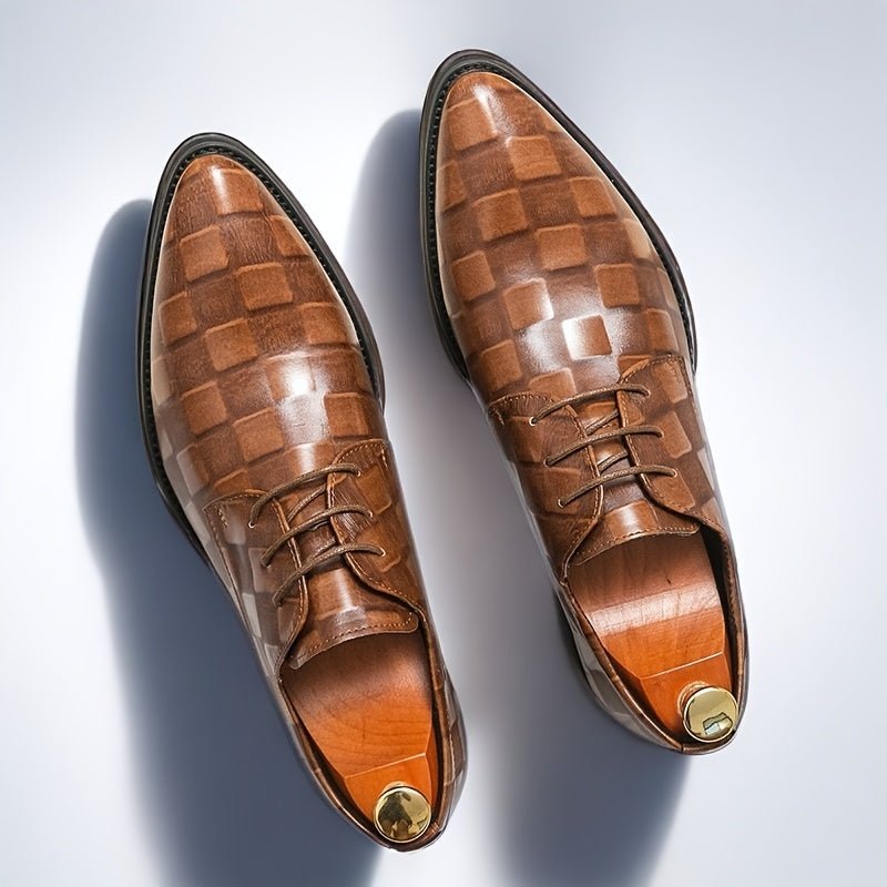 SHOWLU Men's pointed toe Oxford shoes in glossy brown faux leather with lace-up design and black PU sole for formal occasions