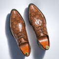 SHOWLU Men's pointed toe Oxford shoes in glossy brown faux leather with lace-up design and black PU sole for formal occasions