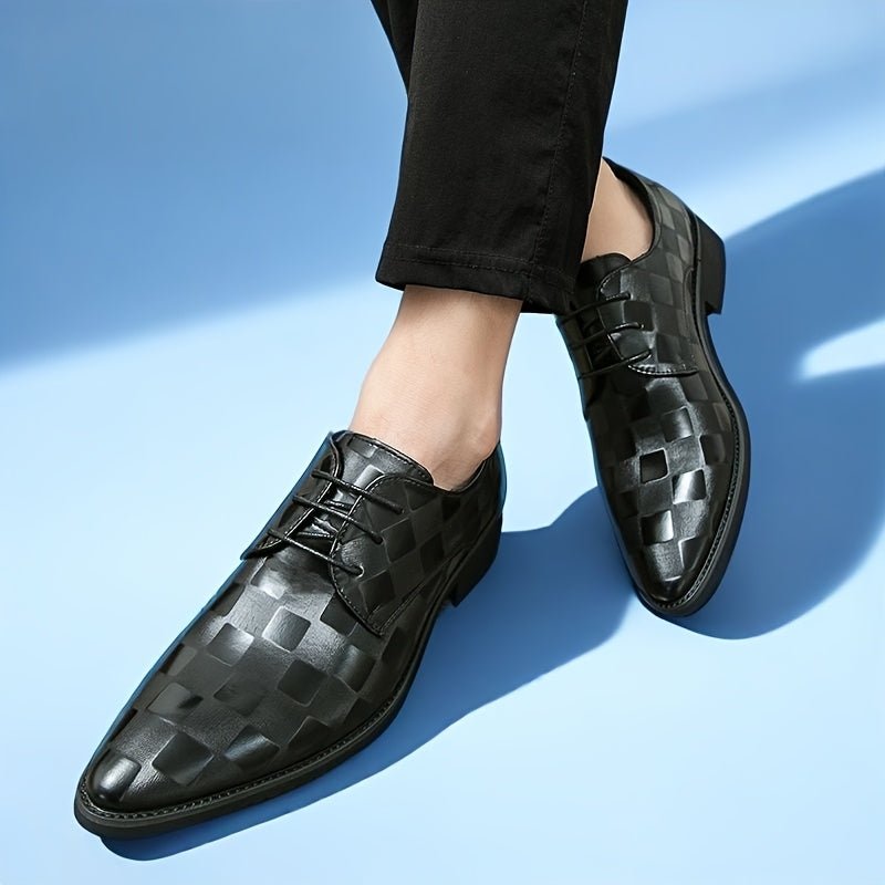 SHOWLU Men's Brown Faux Leather Pointed Toe Oxford Shoes with lace-up design, glossy finish, and black PU sole for formal occasions.