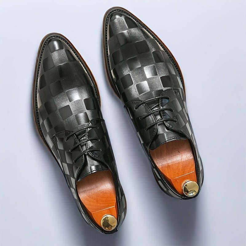 SHOWLU Men's pointed toe oxford shoes in glossy brown faux leather with black PU sole, perfect for formal events and business attire.