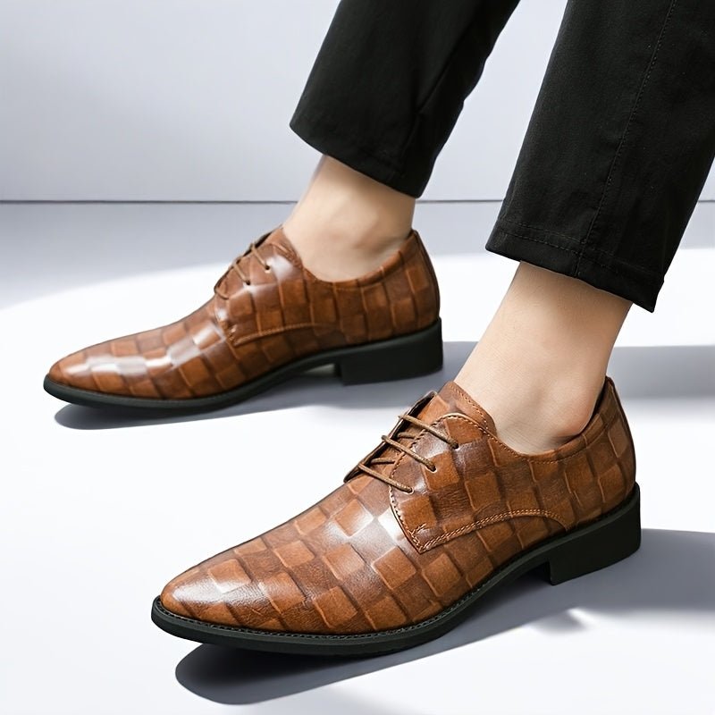 SHOWLU Men's brown faux leather pointed toe oxford shoes with lace-up design, glossy finish, black PU sole for formal events and business wear.