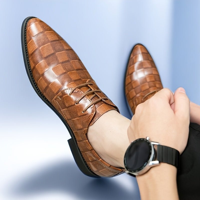 Brown faux leather pointed toe Oxford shoes for men with lace-up design, glossy finish, black PU sole, ideal for formal events.
