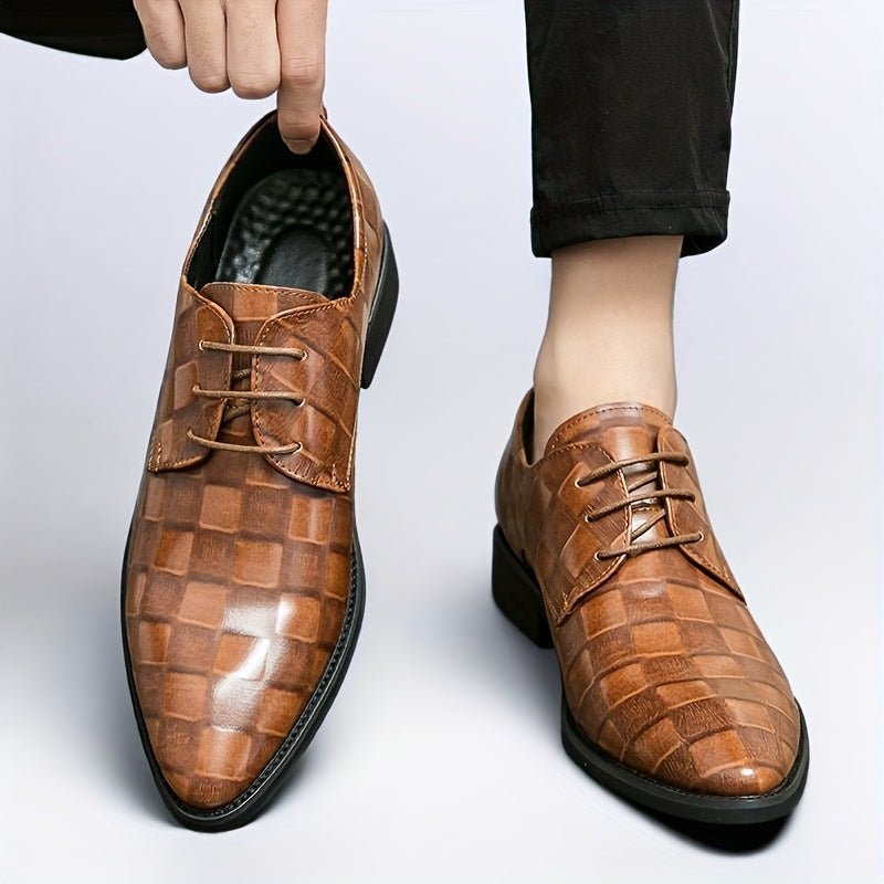 SHOWLU Men's pointed toe Oxford shoes in glossy brown faux leather with lace-up design and black PU sole, ideal for formal occasions.