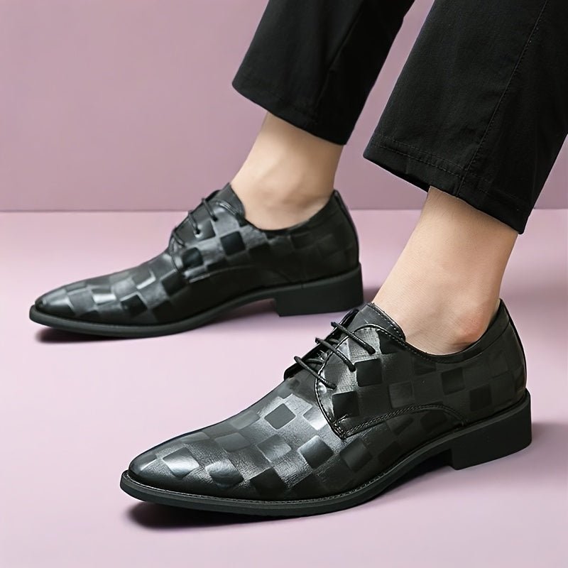 SHOWLU Men's pointed toe oxford shoes in glossy brown faux leather with black PU sole, ideal for formal events and business attire.