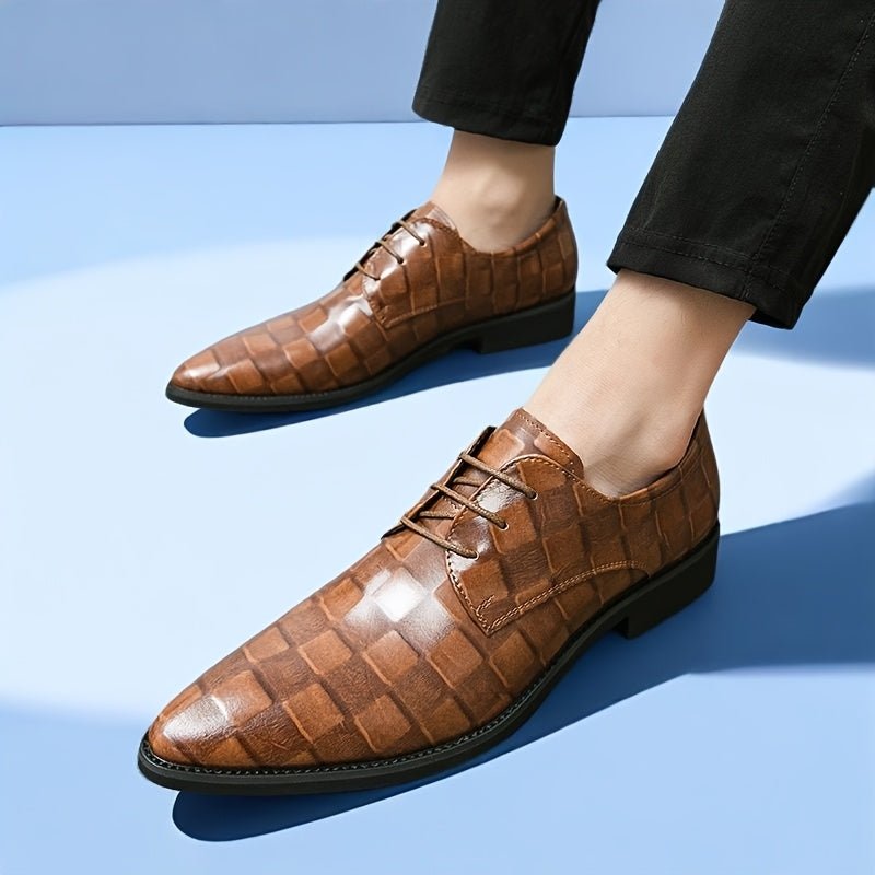 Brown SHOWLU Men's pointed toe Oxford shoes with glossy faux leather upper, lace-up design, and black PU sole for formal occasions