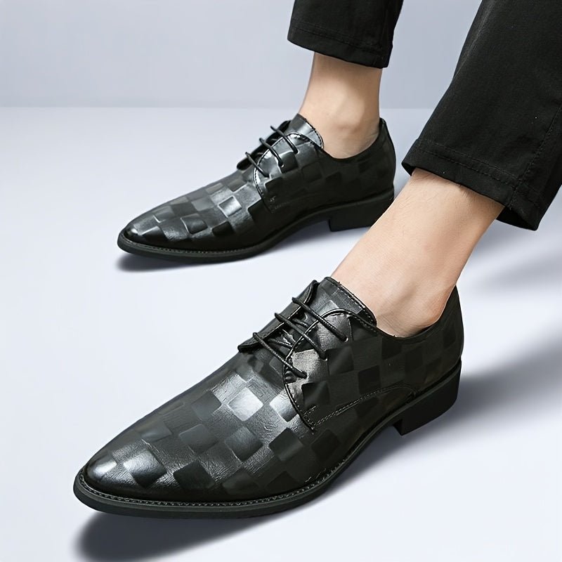 SHOWLU Men's brown faux leather pointed toe Oxford shoes with lace-up design, glossy finish, black PU sole for formal occasions