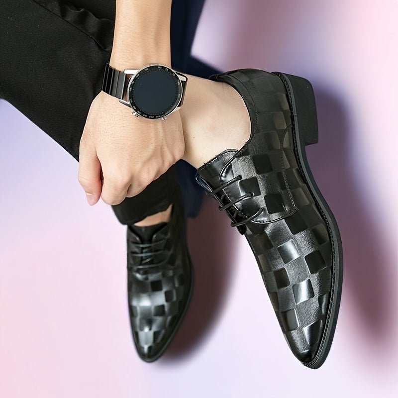 SHOWLU Men's pointed toe Oxford shoes in glossy brown faux leather with lace-up design, black PU sole, ideal for formal events.