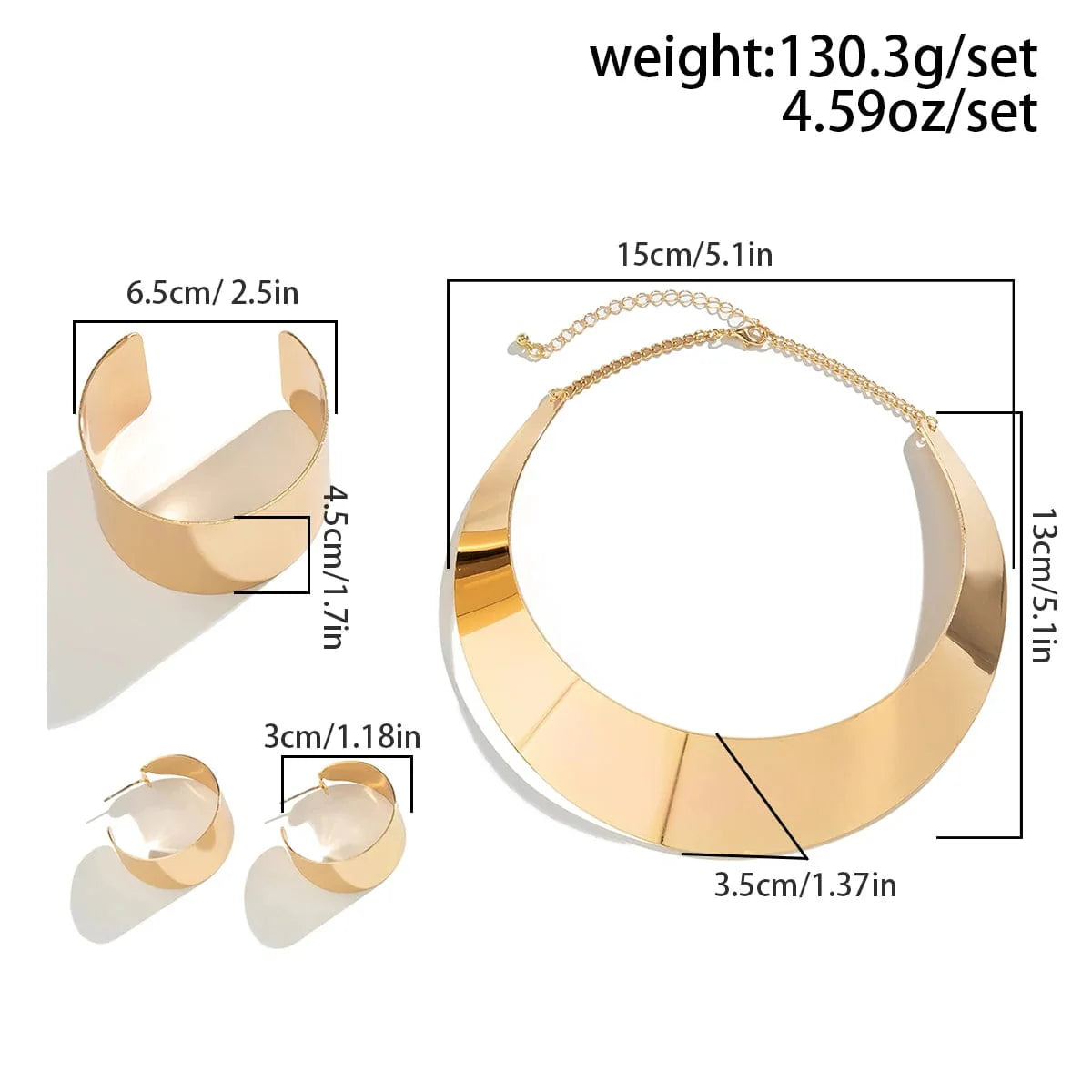 Showlu Fashion African collar jewelry set featuring wide smooth metal necklace, matching earrings, and bracelet for women.