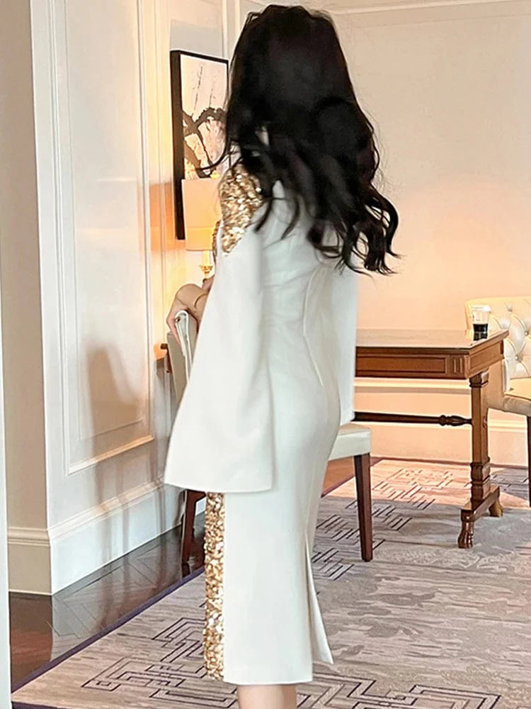 Showlu Fashion Women's gold sequin evening gown with a slim fit, luxurious design, perfect for parties and formal events.