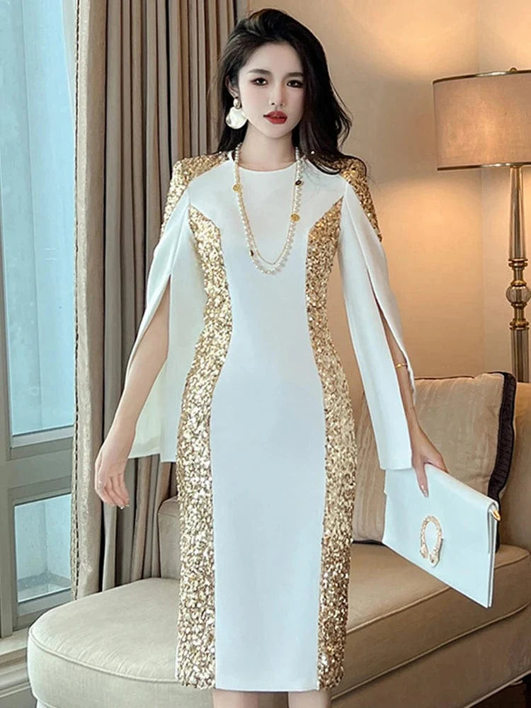 Elegant women's gold sequin evening gown by Showlu Fashion, featuring a slim silhouette and luxurious design for special occasions.