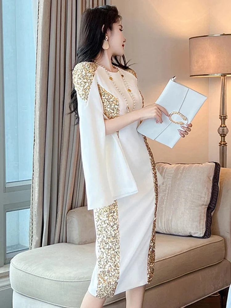 Showlu Fashion Women's gold sequin evening gown featuring a slim, luxurious design for parties and formal events.