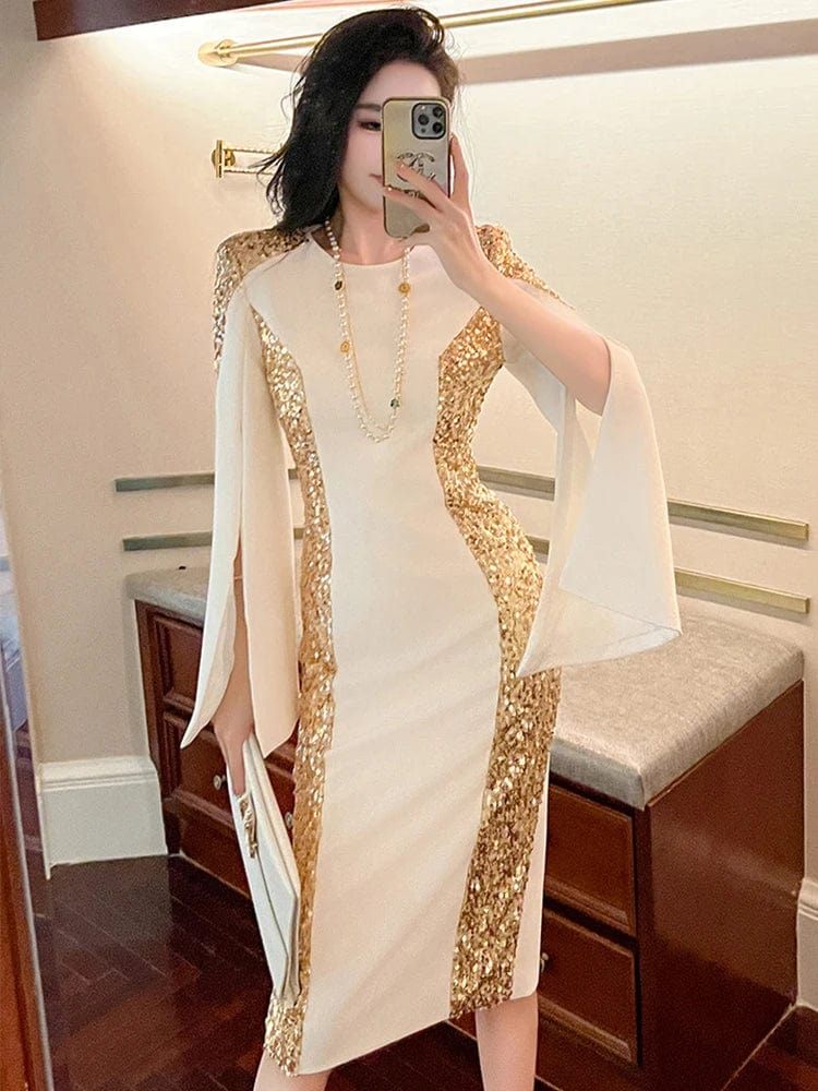 Gold sequin women's evening gown by Showlu Fashion, elegant slim party dress with luxurious style for formal events.