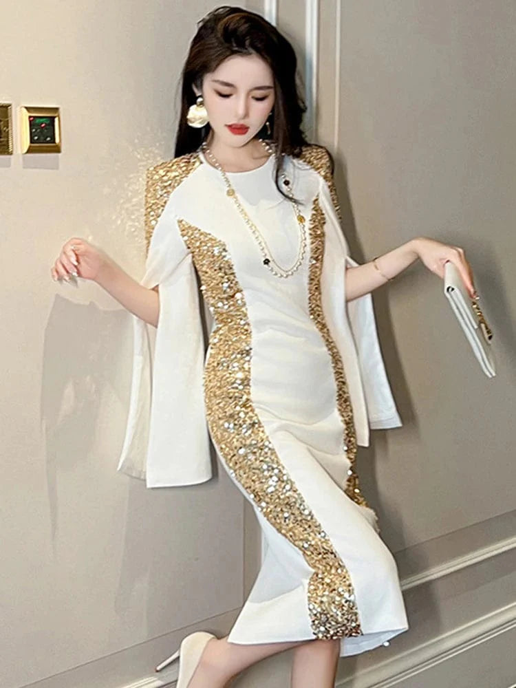 Showlu Fashion Women's gold sequin evening gown featuring a slim silhouette, luxurious style, perfect for parties and formal events.