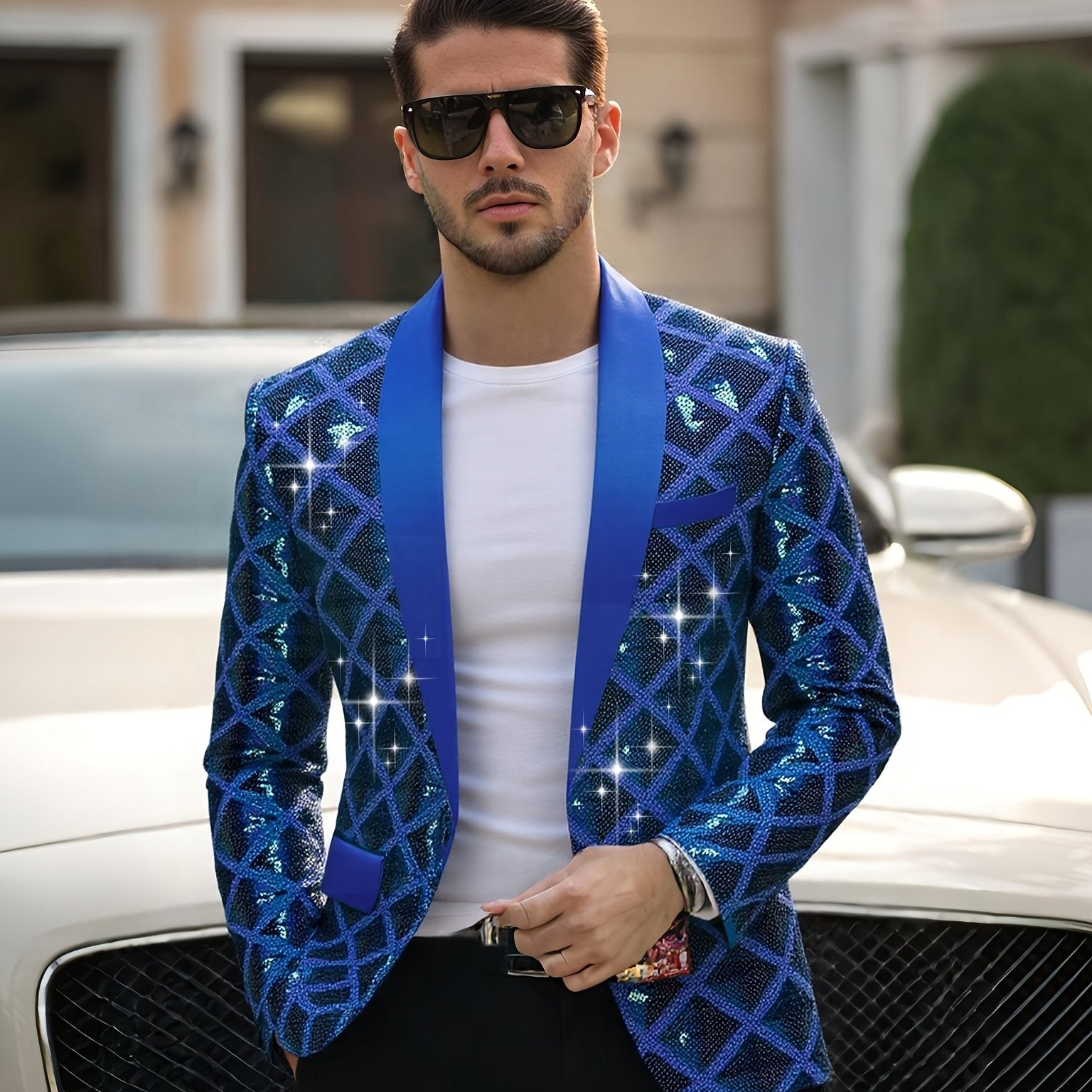 Men's Sequin-Embellished Blazer - Notched Lapel Party Jacket, Structured H-Fit Formal Coat for Weddings, Stage Performances, Events - Year-Round Evening Attire with Button Front Closure, Wedding Guest Attire, Notch Lapel Desi