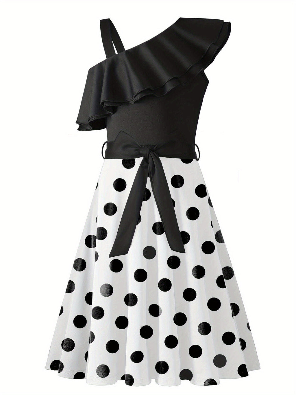 SHOWLU FASHION girls polka dot one-shoulder ruffle A-line dress with a playful design and flared skirt, perfect for special occasions.