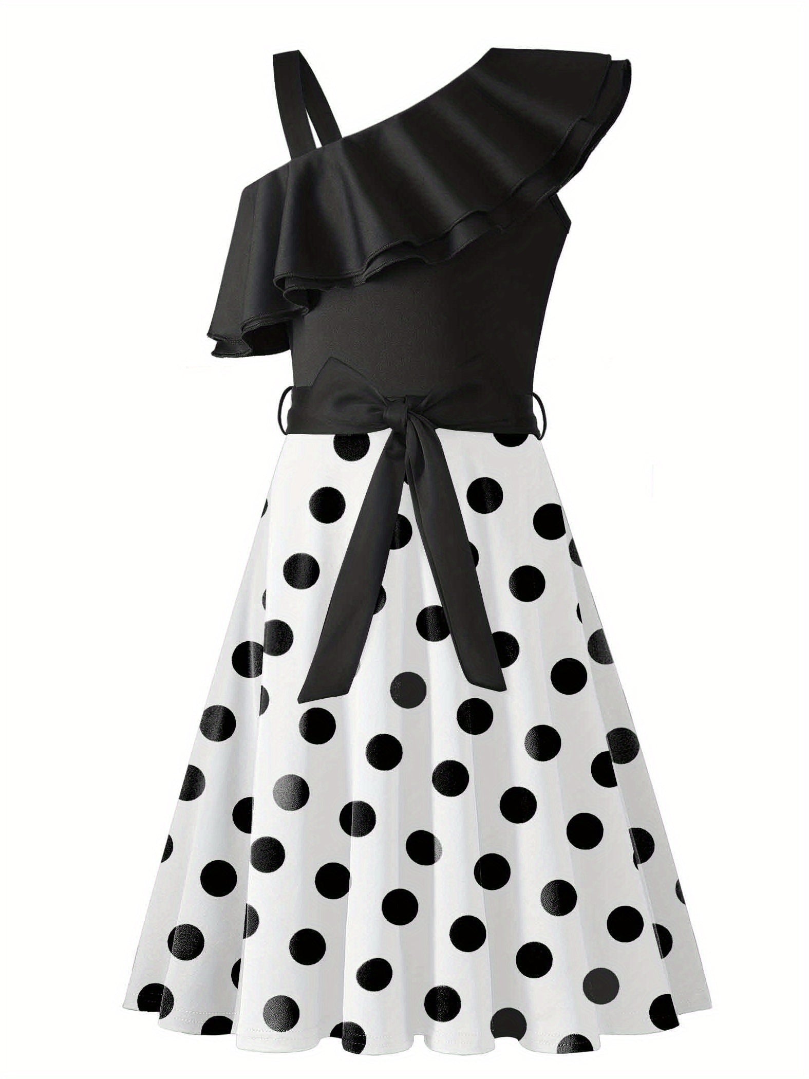 SHOWLU FASHION girls polka dot one-shoulder ruffle A-line dress with a playful design and flared skirt, perfect for special occasions.