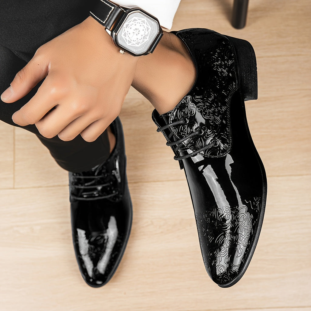 SHOWLU Men's Oxford dress shoes with pointed toe and geometric microfiber design, stylish and formal footwear for men.