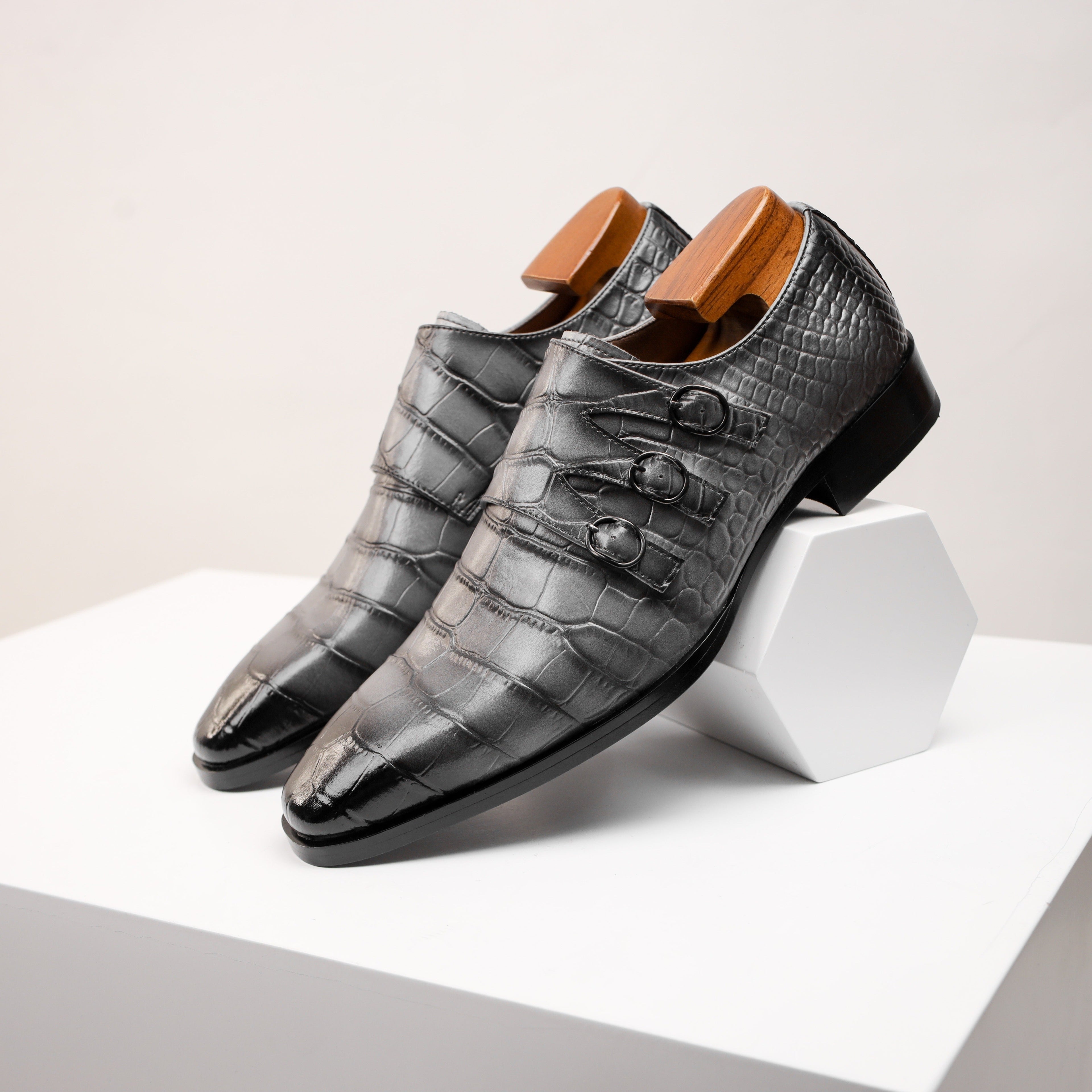 SHOWLU Men's Monk Strap Oxfords in split cow leather with a square toe, stylish dress shoes for formal occasions