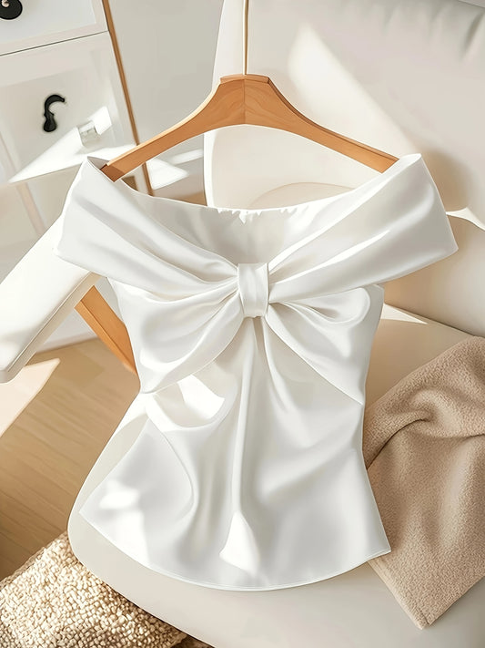 Elegant Off-Shoulder Bow Tie Satin Blouse for Women - Chic French-Inspired Slim Fit Crop Top, Solid Color with Front Bow Detail, Perfect for Summer and Casual Wear, Versatile Blouse | Chic Design | Polyester Linin