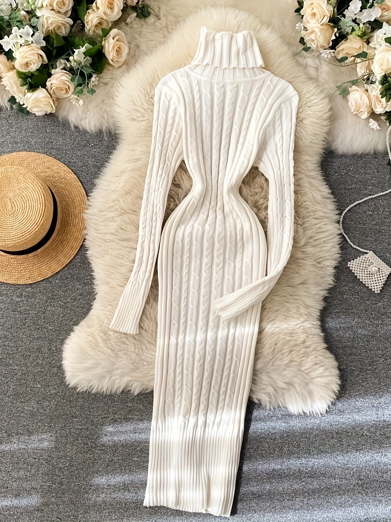 Black women's high-neck ribbed knit long sleeve sweater dress by SHOWLU FASHION, fitted design with textured fabric.