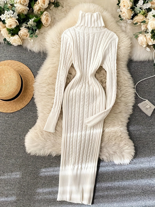 Elegant High-Neck Ribbed Dress for Women - Chic Long Sleeve, Stretchy & Form-Fitting, Perfect for Fall/Winter, Solid Color, Warm Fabric, Ideal for Casual or Formal Occasions, Casual Elegant Wear | Highneck Dress | Constructio