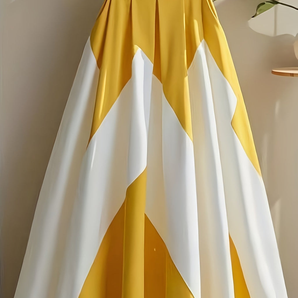 Yellow and white striped high-waist A-line polyester skirt from SHOWLU FASHION, showcased on a model.