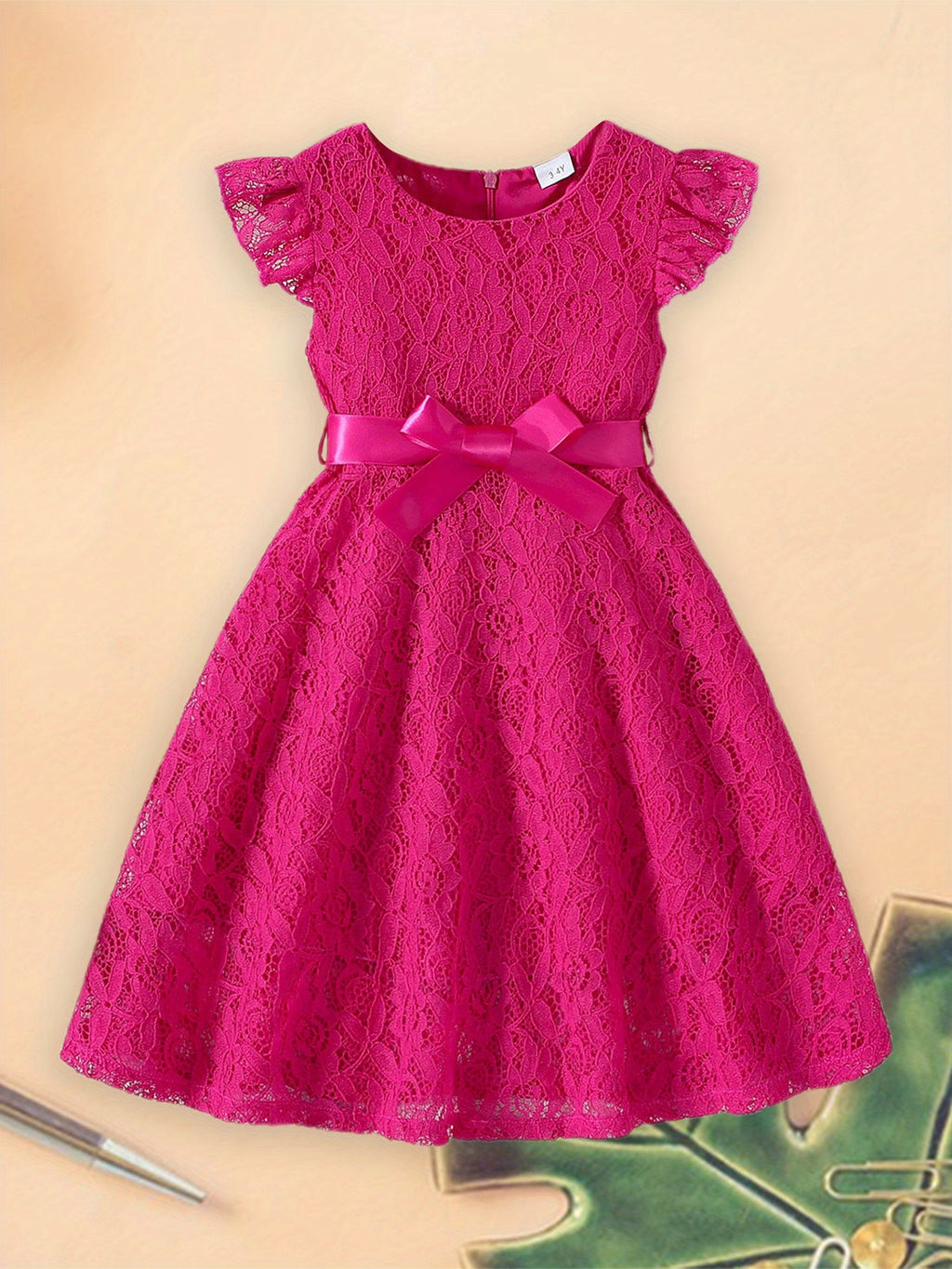 SHOWLU Girls Lace Fly Sleeve Summer Dress with Belt, solid color woven dress featuring delicate lace details and a stylish belt.