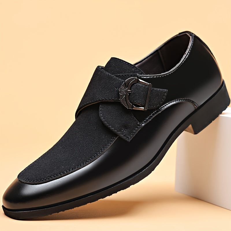 Showlu men's black pointed toe dress shoes made of faux leather, ideal for formal business or office wear.