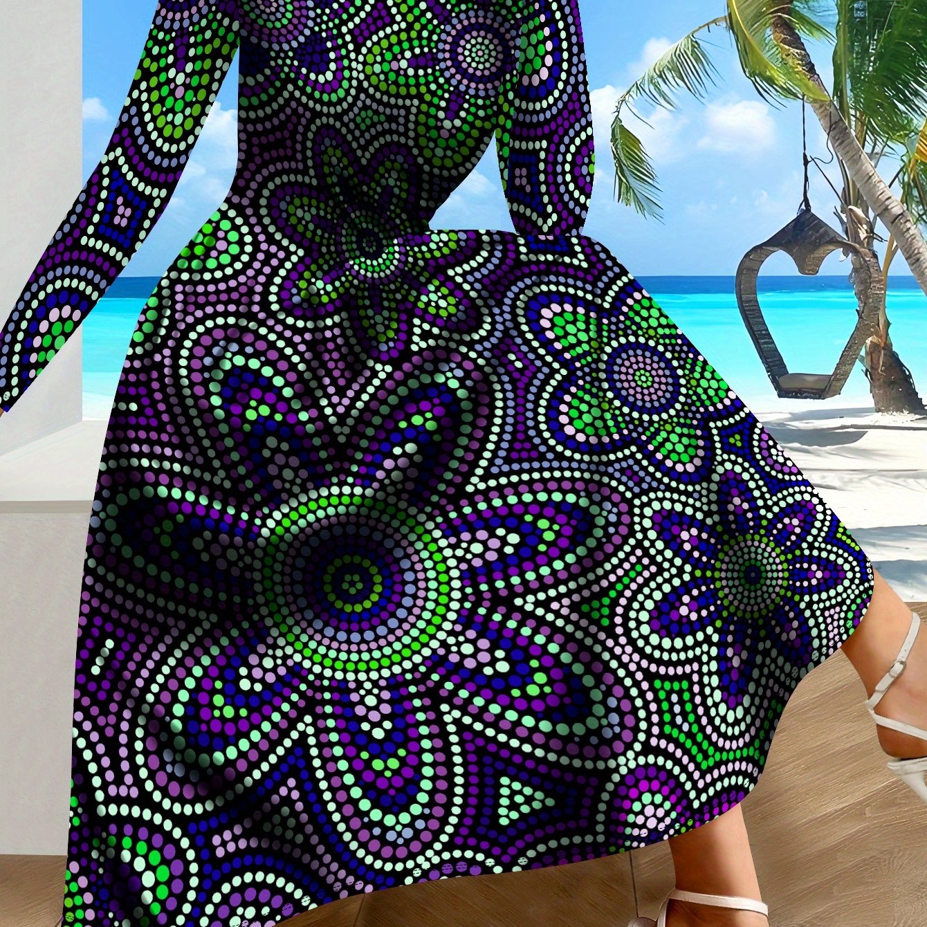 SHOWLU Women's purple and green polka dot long sleeve maxi dress with A-line silhouette, perfect for casual and semi-formal wear.