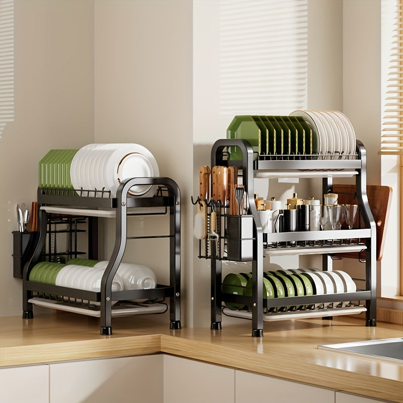 Large stainless steel dish drying rack with multiple layers, designed for efficient kitchen dish drainage and organization.