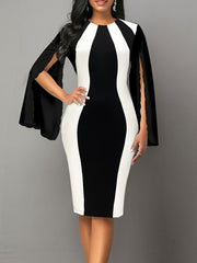 Elegant Black & White Color Block Bodycon Dress with Split Cuffs - Stretchy Polyester & Spandex Blend, Machine Washable - Perfect for All Seasons