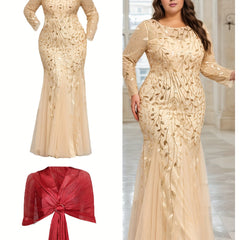 Elegant Plus Size Sequin Embroidered Mermaid Hem Dress with Matching Shawl - Long Sleeve, Crew Neck, Floral Pattern, Beige/Golden & Red Options, Perfect for Weddings, Proms, and Formal Events, Elegant Event Clothing | Glamoro SHOWLU FASHION STORE
