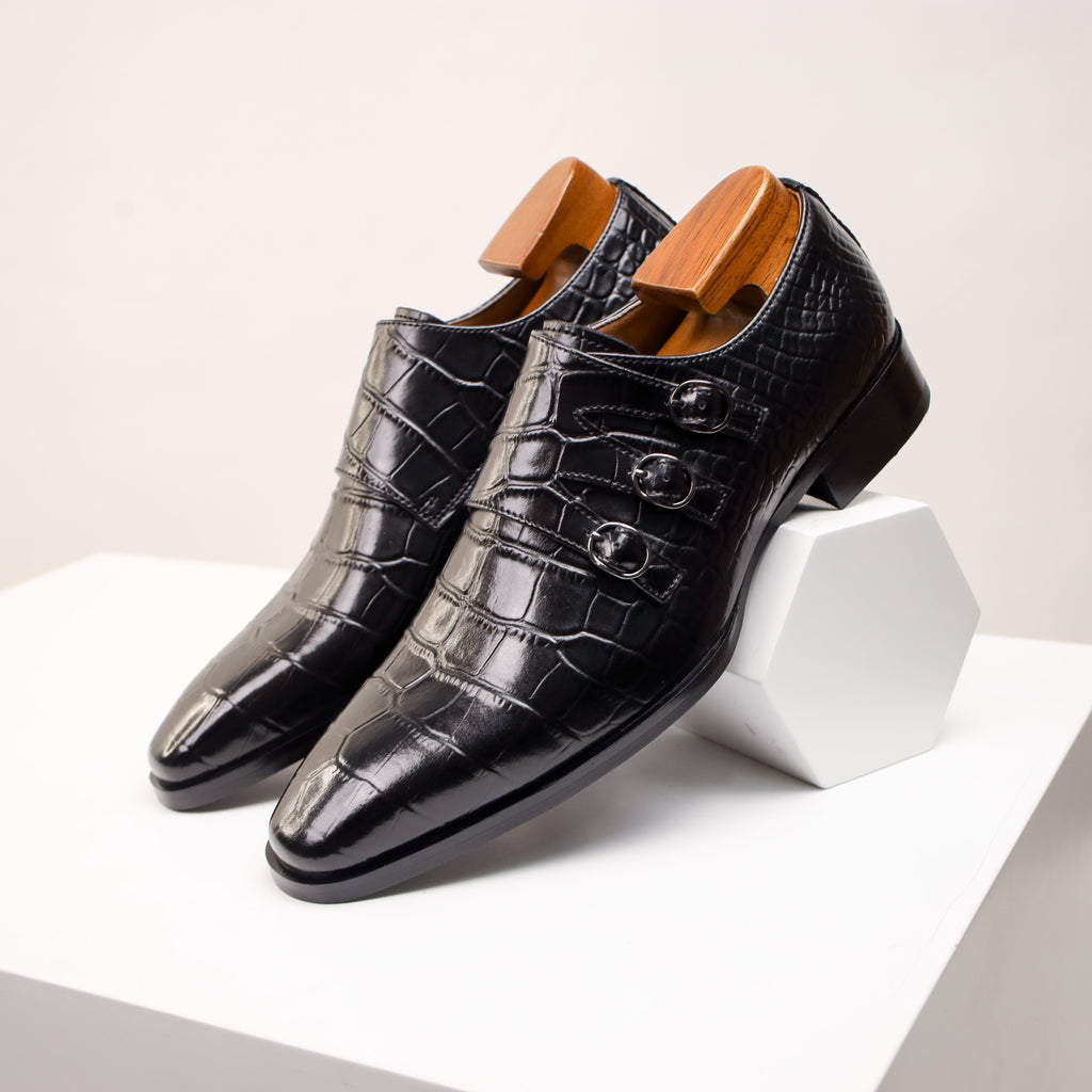 SHOWLU Men's Monk Strap Oxfords with split cow leather, square toe design, showcasing the stylish formal shoe detail.
