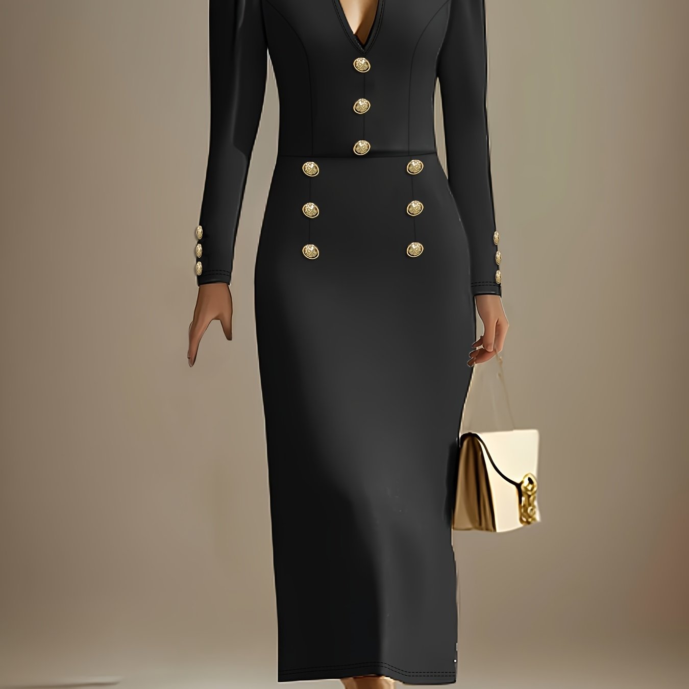 Elegant SHOWLU FASHION V-Neck Bodycon Dress in solid color knit fabric, form-fitting style for stylish occasions.