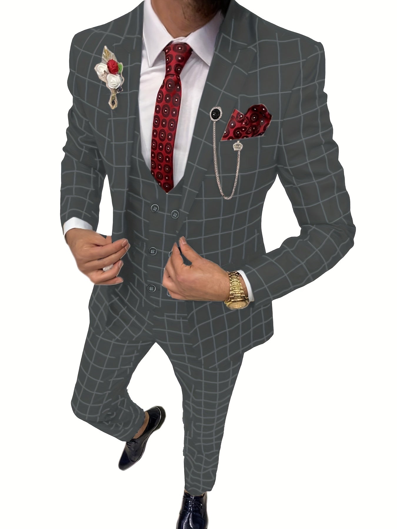 SHOWLU FASHION men's 3-piece slim fit plaid suit with peak lapel tuxedo, featuring a jacket, vest, and trousers on a model.
