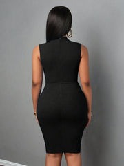 Women's Elegant Sleeveless Bodycon Dress with Bow Tie Neckline - Stretchy Solid Color Black Fitted Midi Dress, Machine Washable for All-Season Wear, Elegant Special Collection, Tight Fitted Dress, Formal Attire, Sophisticated