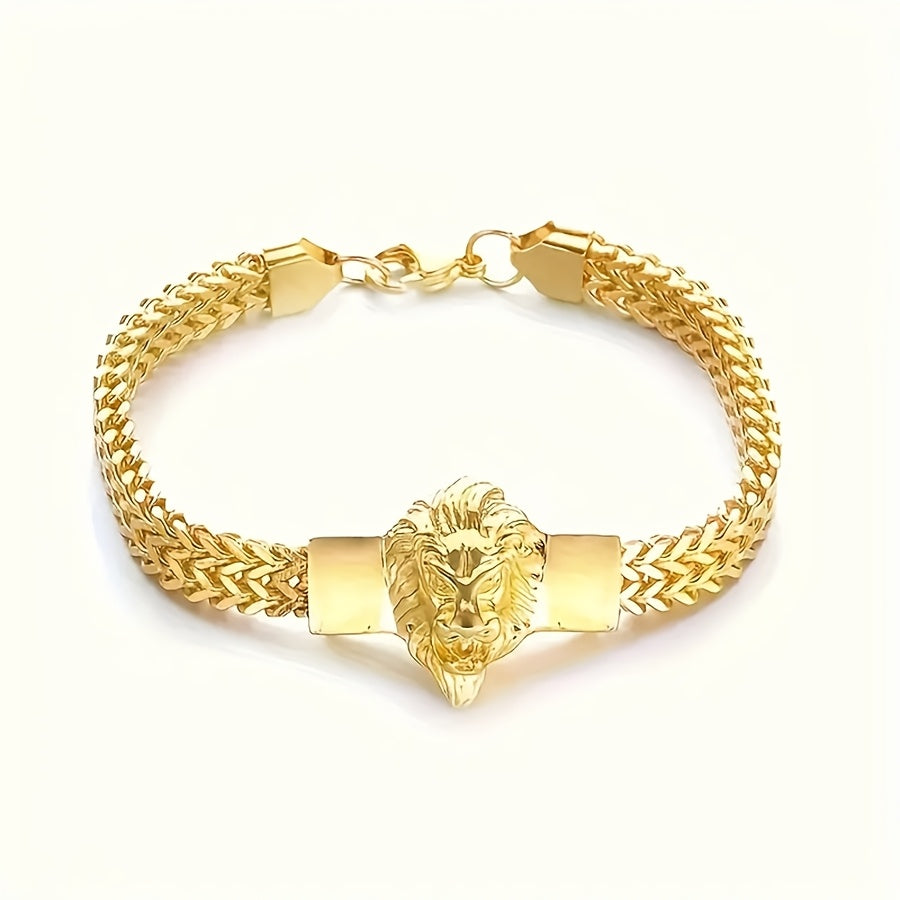 Showlu 2pcs lion head bracelets in 18K gold-plated stainless steel with detailed lion head design and smooth bracelet bands.